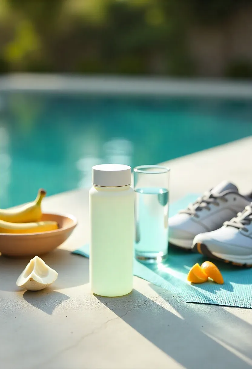 Sports water bottle and glass of water next to workout gear like a yoga mat and towel, symbolizing hydration for active lifestyles.