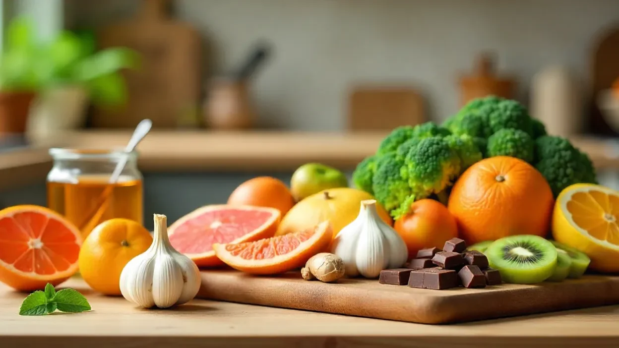 Colorful assortment of immune-boosting foods like citrus, garlic, ginger, broccoli, kiwi, and green tea arranged on a bright kitchen table.