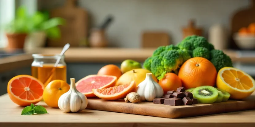 Colorful assortment of immune-boosting foods like citrus, garlic, ginger, broccoli, kiwi, and green tea arranged on a bright kitchen table.