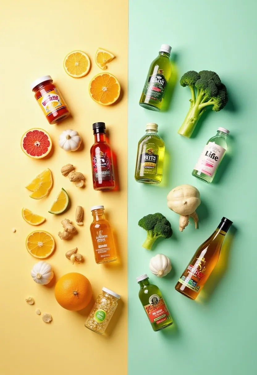 Contrast between commercial “immune-boosting” supplements and real immune-supportive foods like citrus, garlic, and yogurt.