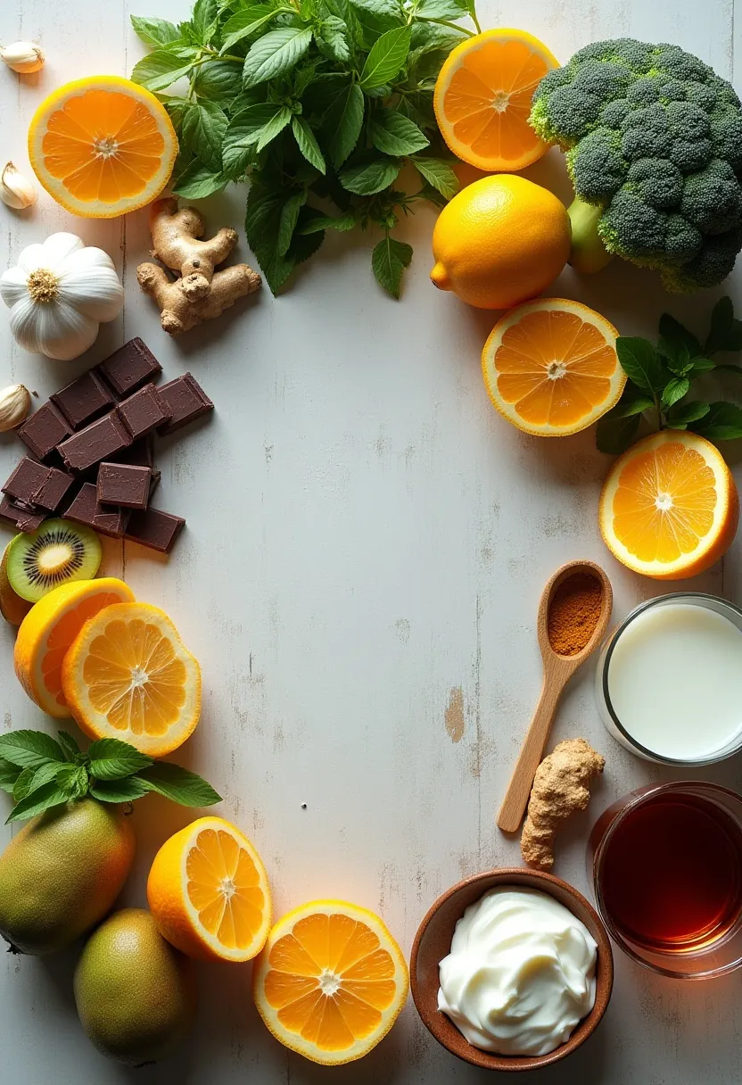 Colorful assortment of immune-boosting foods including citrus, garlic, ginger, broccoli, yogurt, dark chocolate, and turmeric on a bright kitchen table.