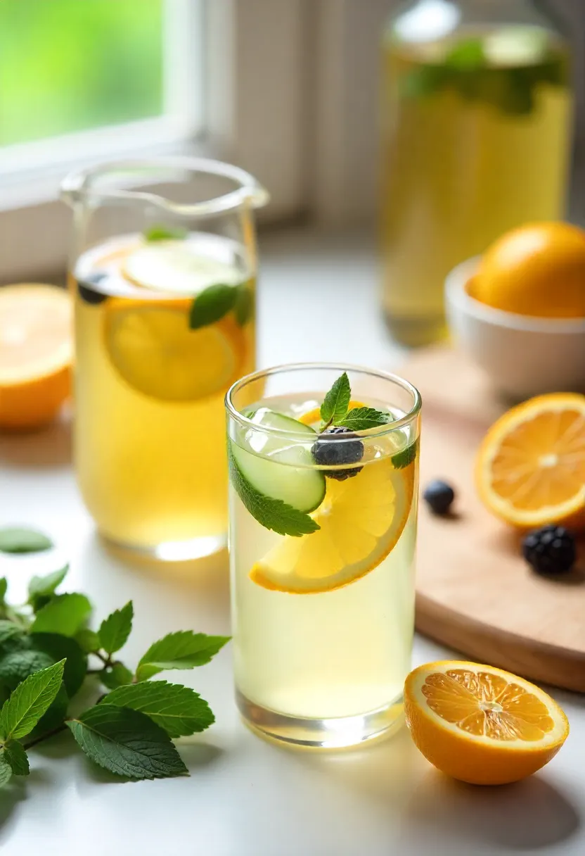 Pitcher and glasses filled with infused water featuring citrus, berries, cucumber, and herbs, surrounded by fresh fruit and herbs on a bright kitchen surface.