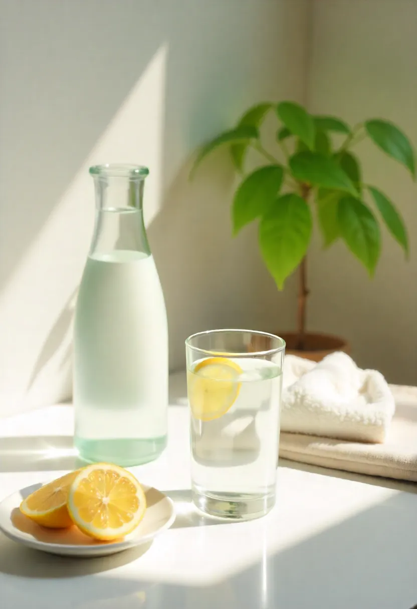 A glass of water next to a carafe in bright natural light with soft wellness elements, symbolizing daily hydration and healthy living.