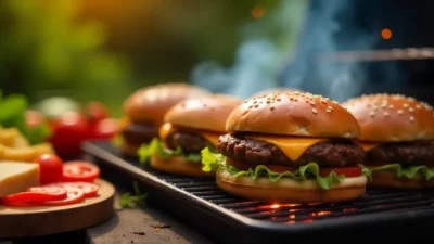 Juicy cheeseburgers sizzling on a backyard grill with flames and melted cheese, symbolizing perfect grilling and summer barbecue flavor.