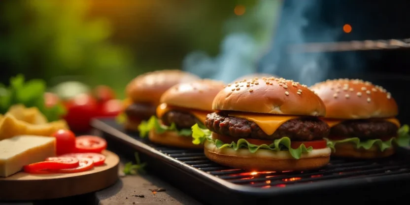 Juicy cheeseburgers sizzling on a backyard grill with flames and melted cheese, symbolizing perfect grilling and summer barbecue flavor.