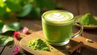Cozy matcha latte with frothy top, surrounded by green tea leaves and decorative elements on a wooden table.