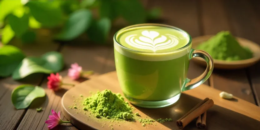 Cozy matcha latte with frothy top, surrounded by green tea leaves and decorative elements on a wooden table.