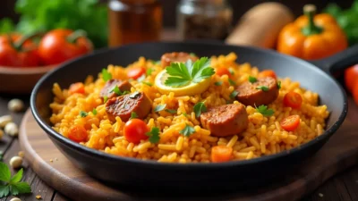 Skillet of Spanish meat and tomato rice garnished with parsley and lemon, surrounded by vegetables and spices in a cozy kitchen.