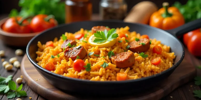Skillet of Spanish meat and tomato rice garnished with parsley and lemon, surrounded by vegetables and spices in a cozy kitchen.