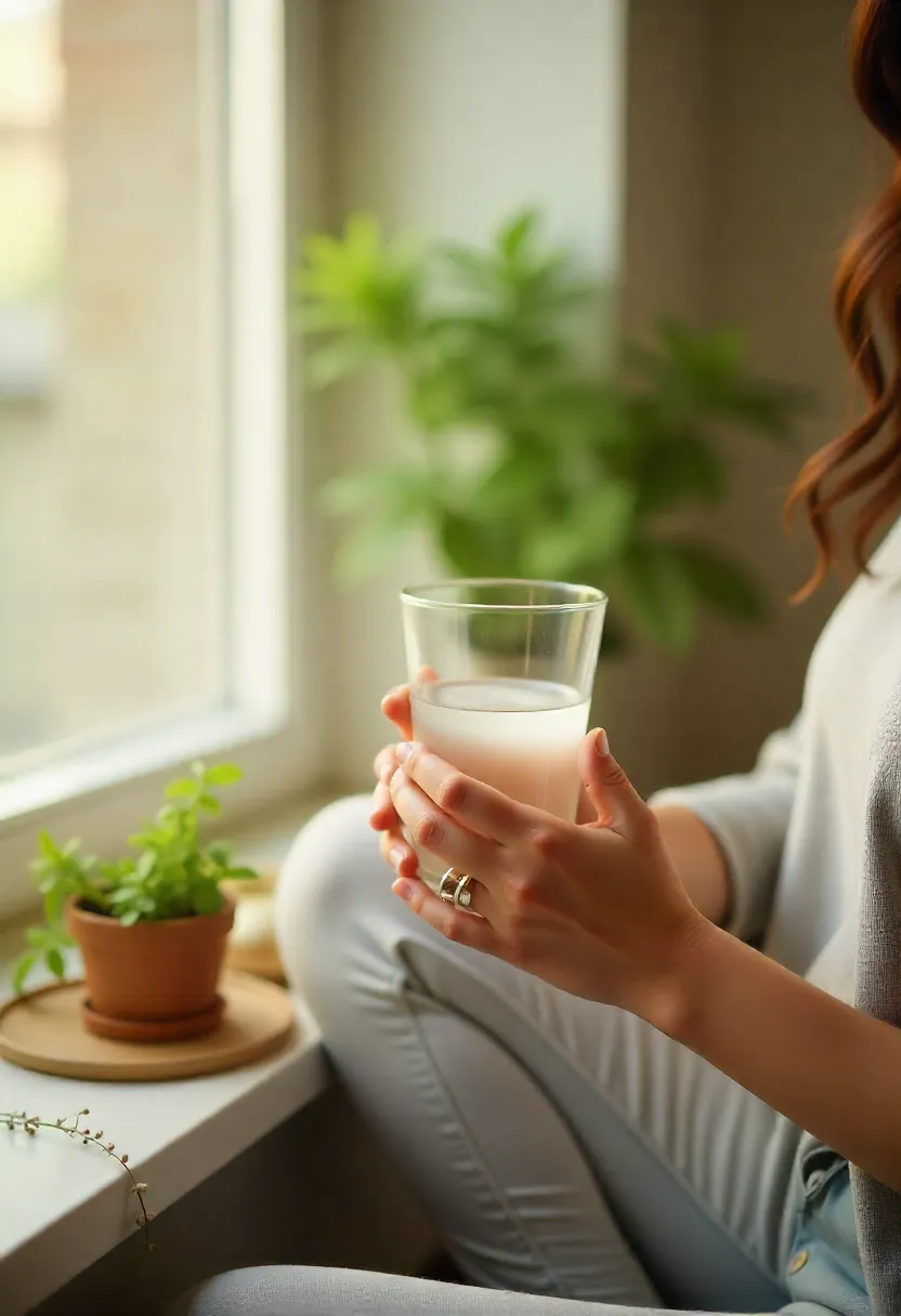A person holding a glass of water in soft natural light near a window with plants, representing mindful hydration and healthy daily habits.