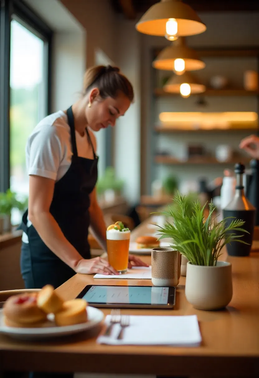 Modern restaurant scene with digital ordering, sustainable table setup, and staff preparing specialty drinks, highlighting current food and beverage industry trends.