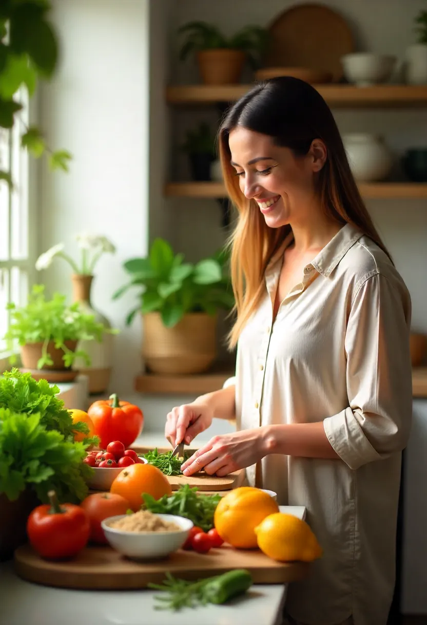 Person preparing or enjoying fresh wholesome food in a cozy kitchen, symbolizing long-term nourishment and healthy living.