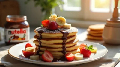 Stack of fluffy Nutella pancakes with fruit and powdered sugar on a cozy breakfast table.