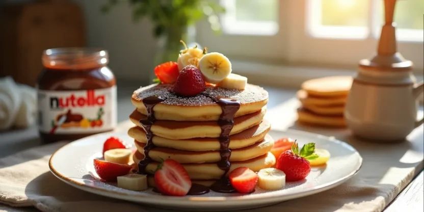 Stack of fluffy Nutella pancakes with fruit and powdered sugar on a cozy breakfast table.