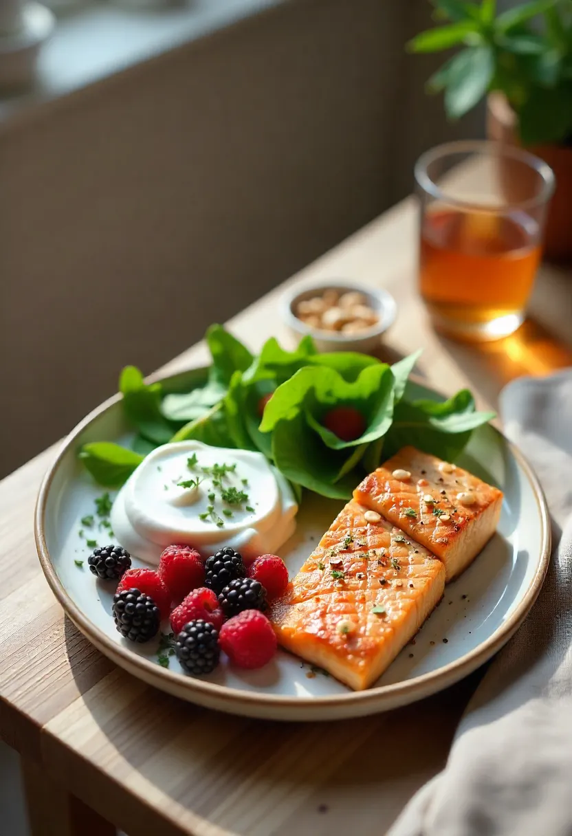 Balanced meal with yogurt, leafy greens, grilled fish, berries, and whole grains, symbolizing bone and longevity nutrition for people in their 50s.