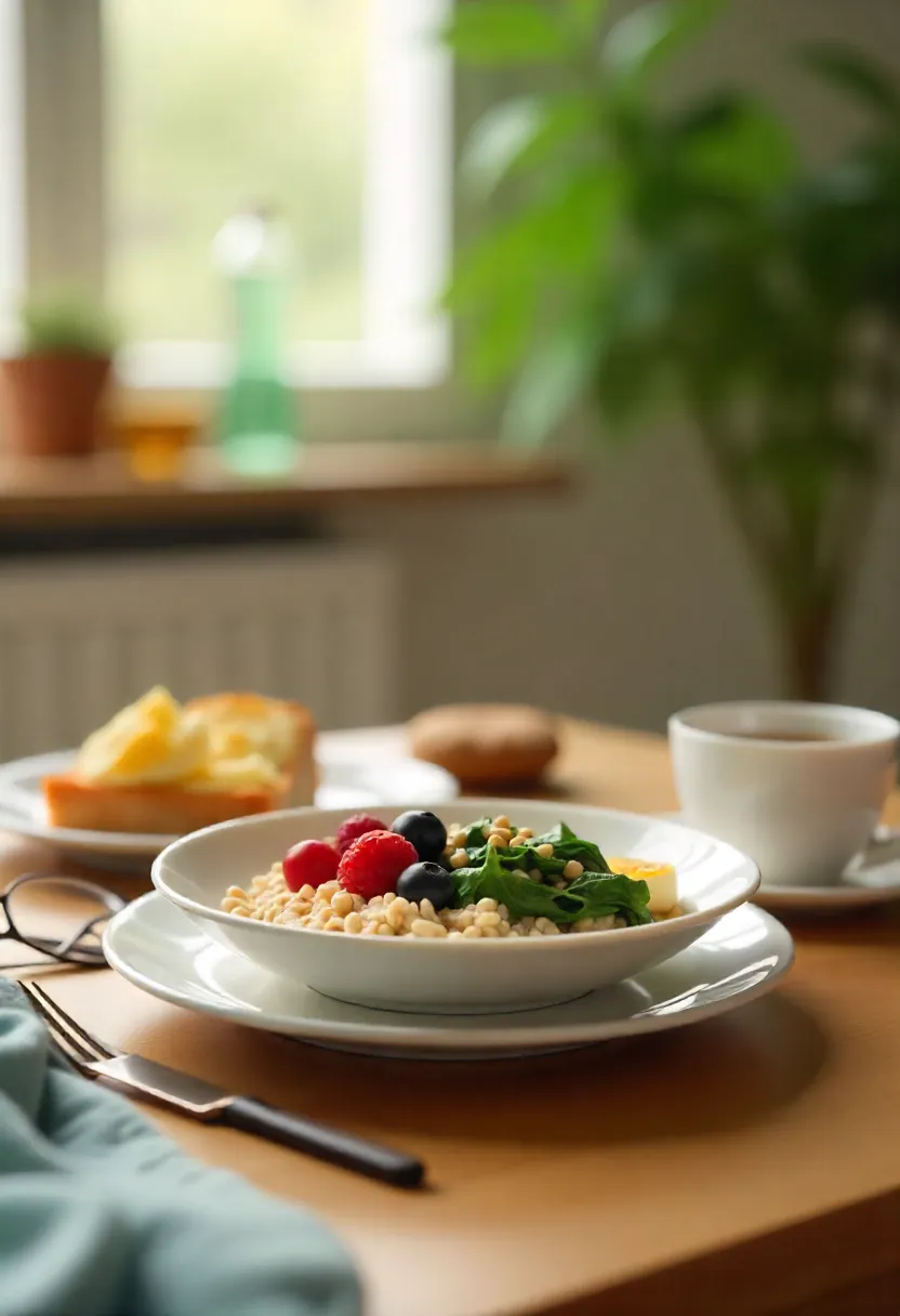 Soft textured nutrient-rich meal with oatmeal, berries, eggs, spinach, and herbal tea, representing healthy aging nutrition for adults 60+.