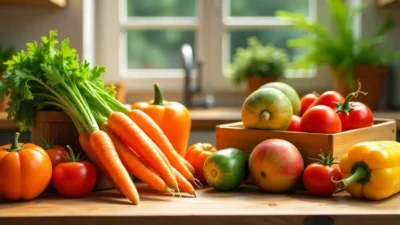 Side-by-side comparison of organic and conventional fruits and vegetables on a wooden table, symbolizing healthy food choices and mindful eating.