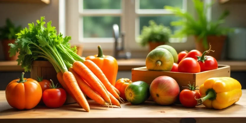 Side-by-side comparison of organic and conventional fruits and vegetables on a wooden table, symbolizing healthy food choices and mindful eating.