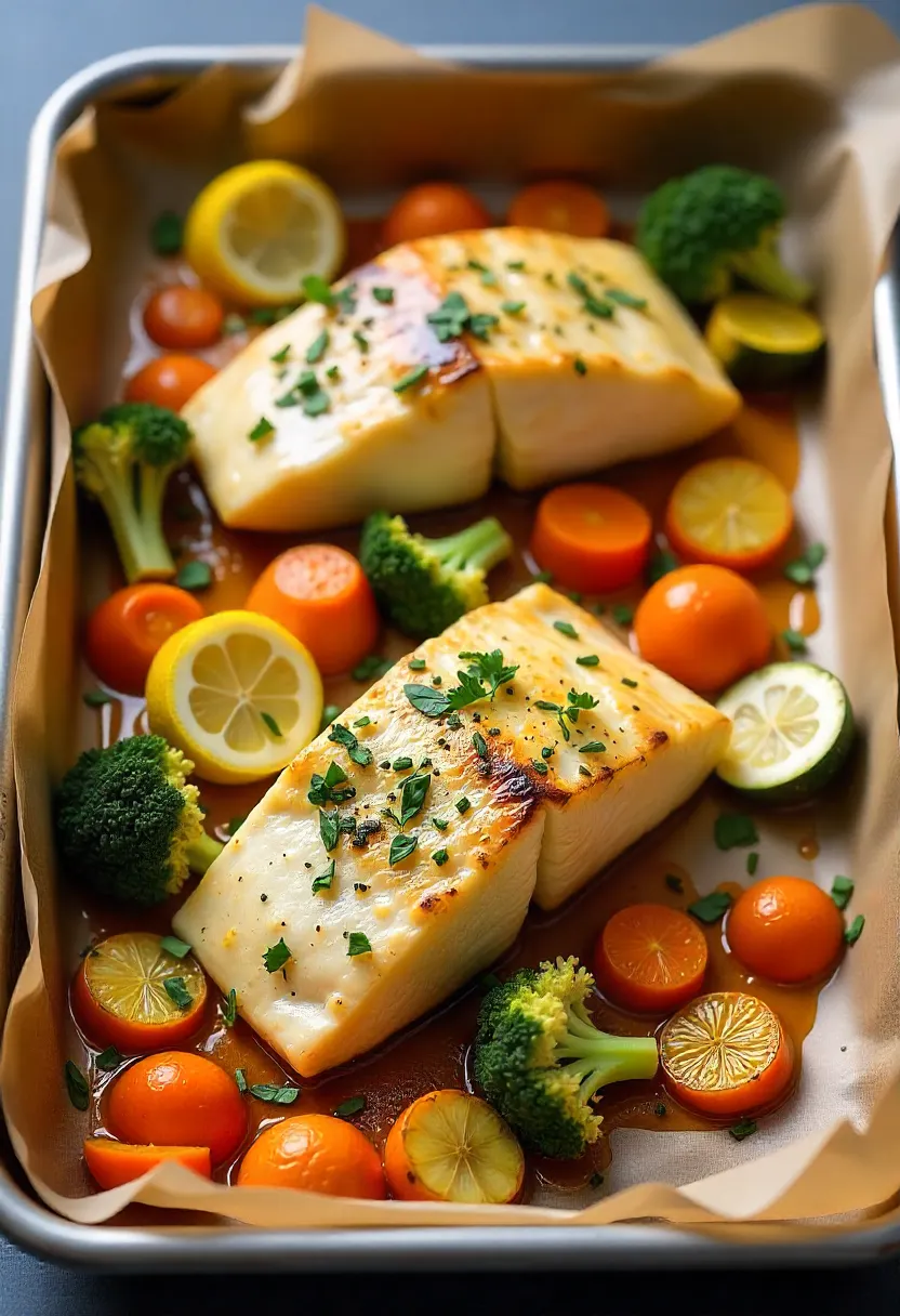 Oven-baked cod fillets with roasted broccoli, carrots, and zucchini, garnished with lemon slices and herbs on a baking tray.