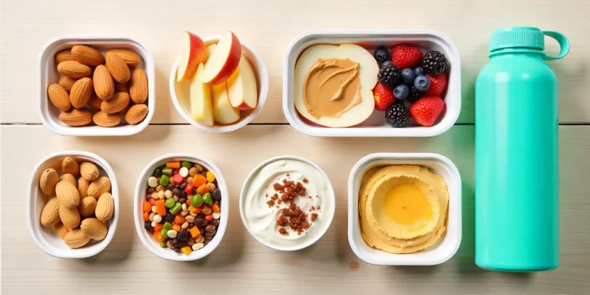 Healthy portable snacks — nuts, fruit, yogurt, and veggies arranged on a wooden table for an energy-boosting meal.