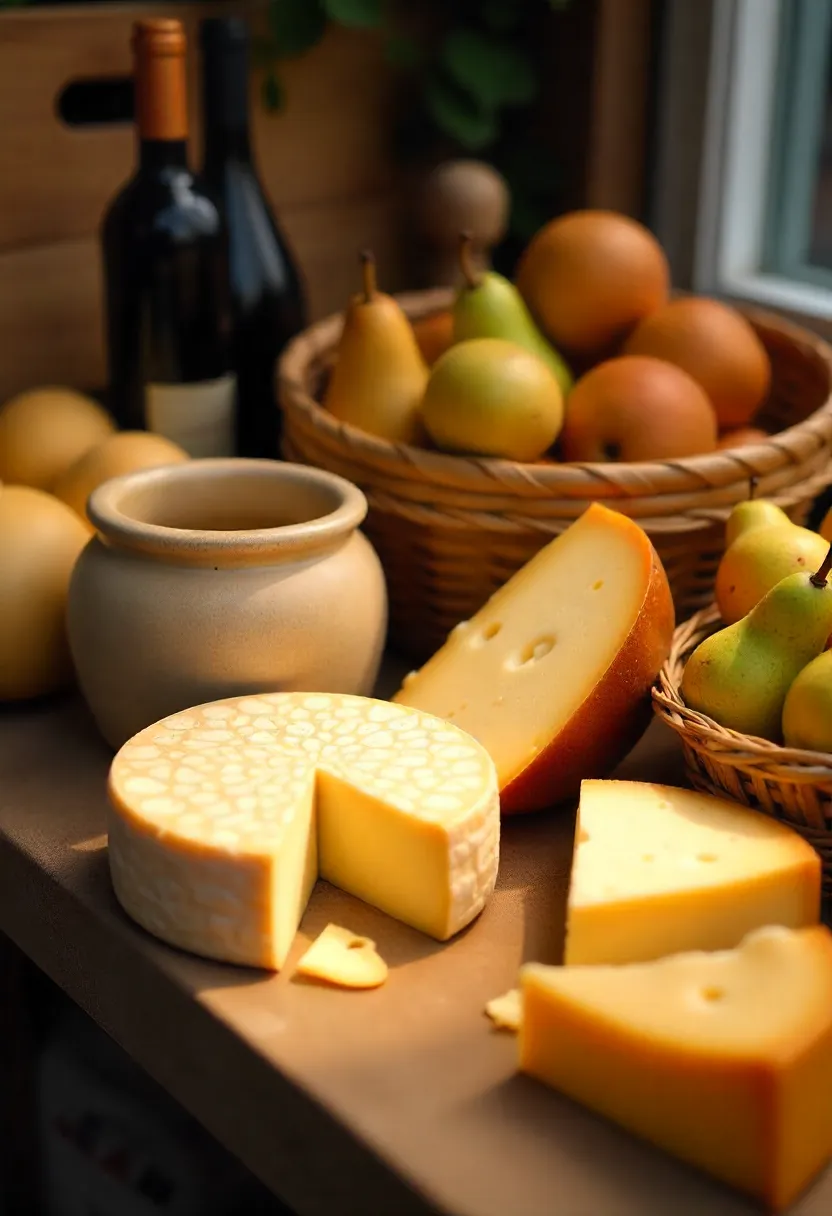 Rare French cheeses including St. Marcellin, Camembert de Normandie, Abbaye de Belloc, and traditional Mimolette displayed with bread, pears, and wine