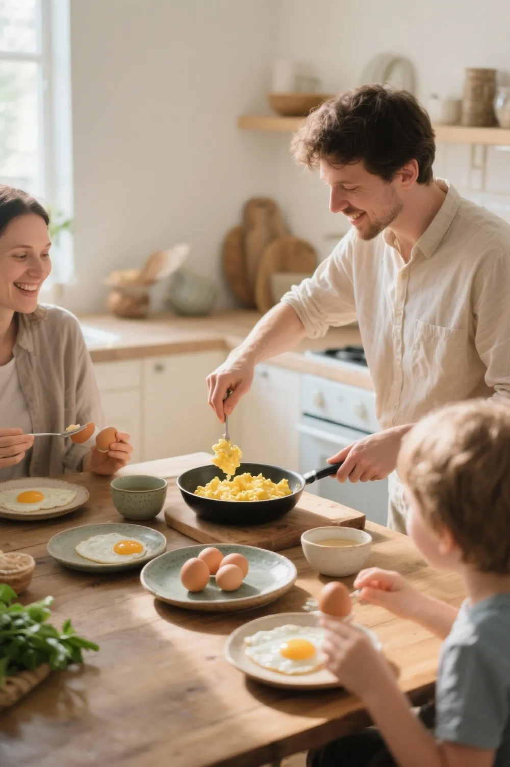 People enjoying a homemade meal with eggs in a bright, cozy kitchen, symbolizing real-life stories, balance, and a personal approach to healthy eating.