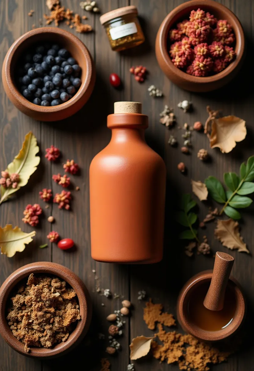 Clay herbal liqueur bottle surrounded by botanicals like berries, roots, flowers, and spices on a rustic wooden table, highlighting natural ingredients and craftsmanship.