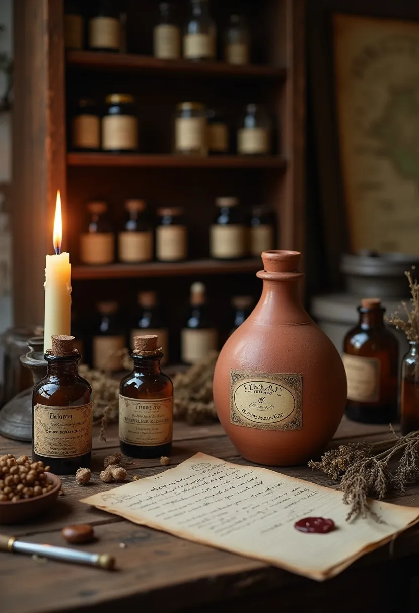 18th-century apothecary table with clay herbal elixir bottle, dried herbs, handwritten notes, and candlelight, symbolizing Riga Black Balsam's origins.