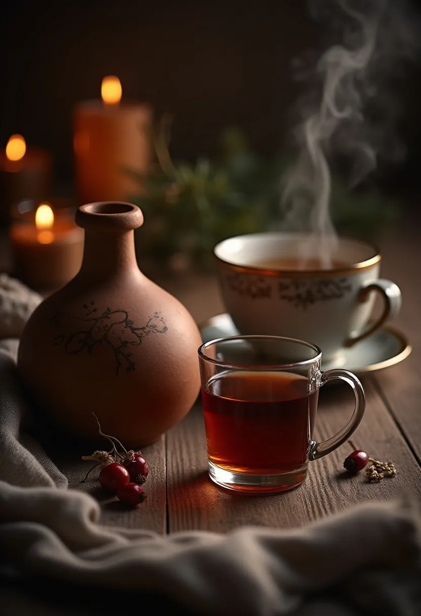 Warm candlelit scene with Riga Black Balsam bottle, small tasting glass, and cozy Baltic accents, symbolizing tradition and inviting final sip.