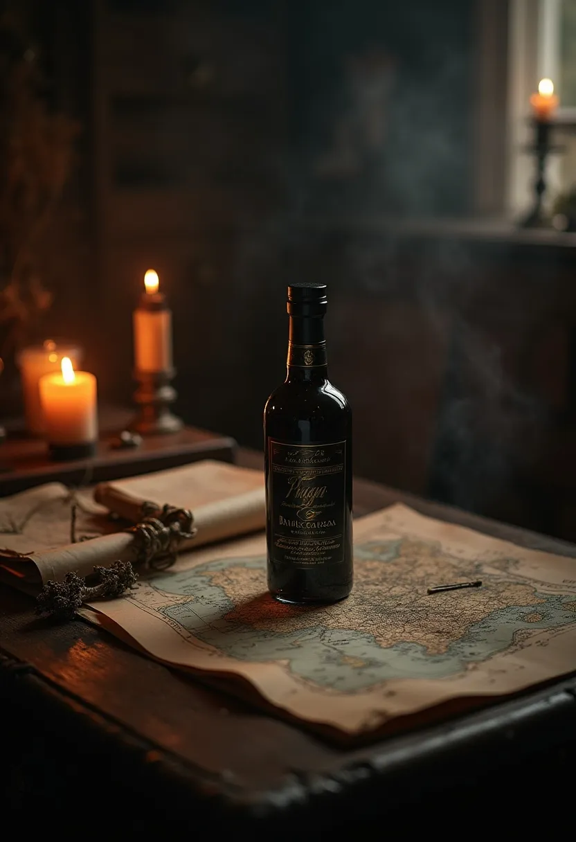 Vintage apothecary-style scene with Riga Black Balsam bottle, candles, herbs, and old Baltic map, creating a mystical historic mood.