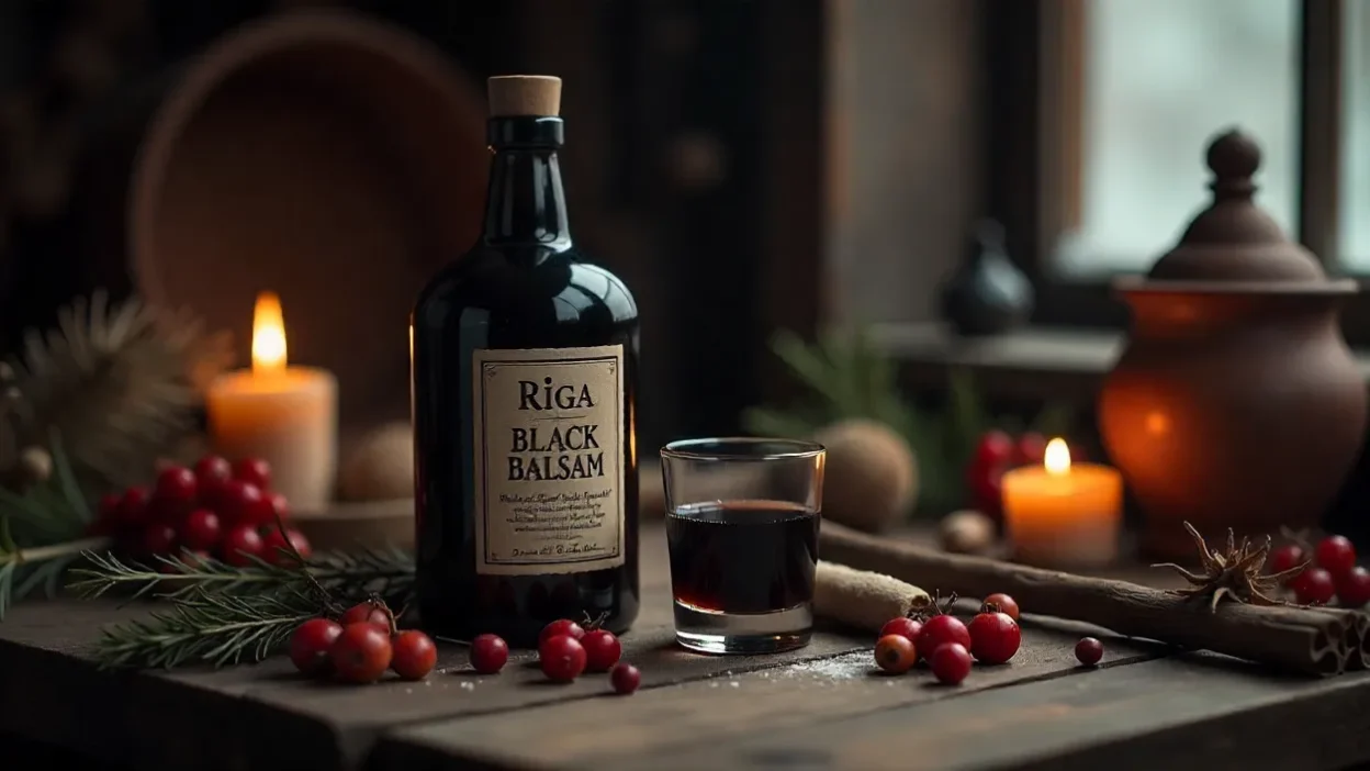 Riga Black Balsam bottle with herbs, berries, and a glass of herbal liqueur on a rustic table in warm candlelit atmosphere.