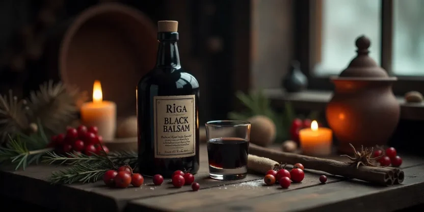 Riga Black Balsam bottle with herbs, berries, and a glass of herbal liqueur on a rustic table in warm candlelit atmosphere.