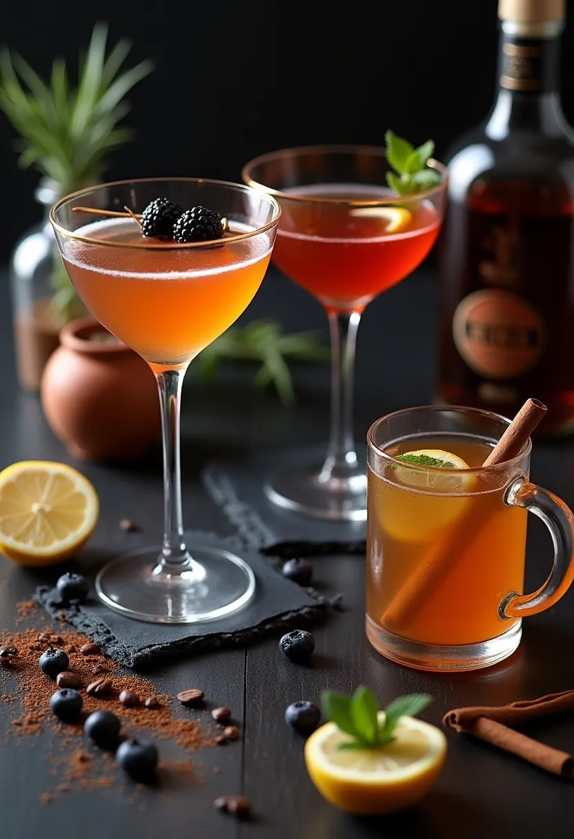 Assortment of Riga Black Balsam cocktails, including a berry spritz, espresso martini, and hot toddy, styled with fresh garnishes and warm bar ambiance.