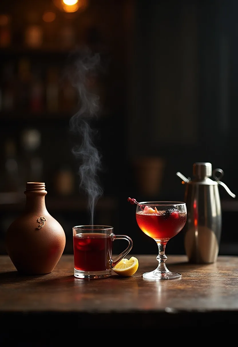 Traditional Riga Black Balsam served in a small glass with tea alongside a modern cocktail version in an elegant glass, symbolizing classic and contemporary ways to enjoy the drink.