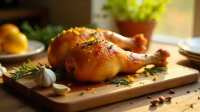 Golden herb-roasted turkey legs on a rustic board with fresh herbs and spices in a cozy kitchen setting.