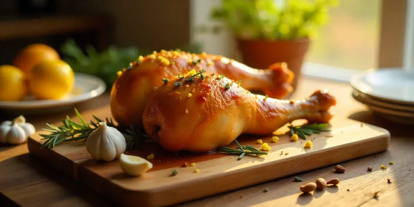 Golden herb-roasted turkey legs on a rustic board with fresh herbs and spices in a cozy kitchen setting.