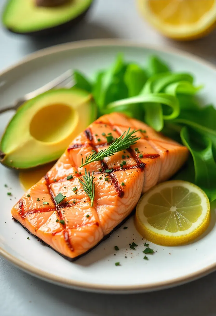 Grilled salmon fillet with lemon and herbs on a plate, surrounded by greens, symbolizing omega-3 fatty acids for brain health.