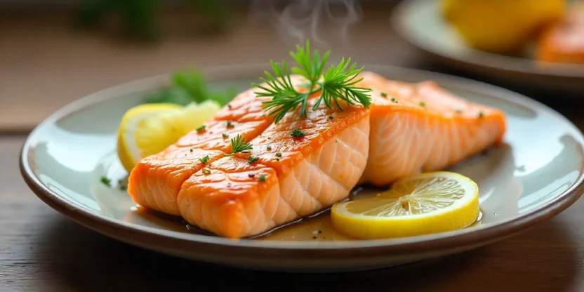 Perfectly cooked salmon fillet with lemon and dill on a plate, ready for serving.