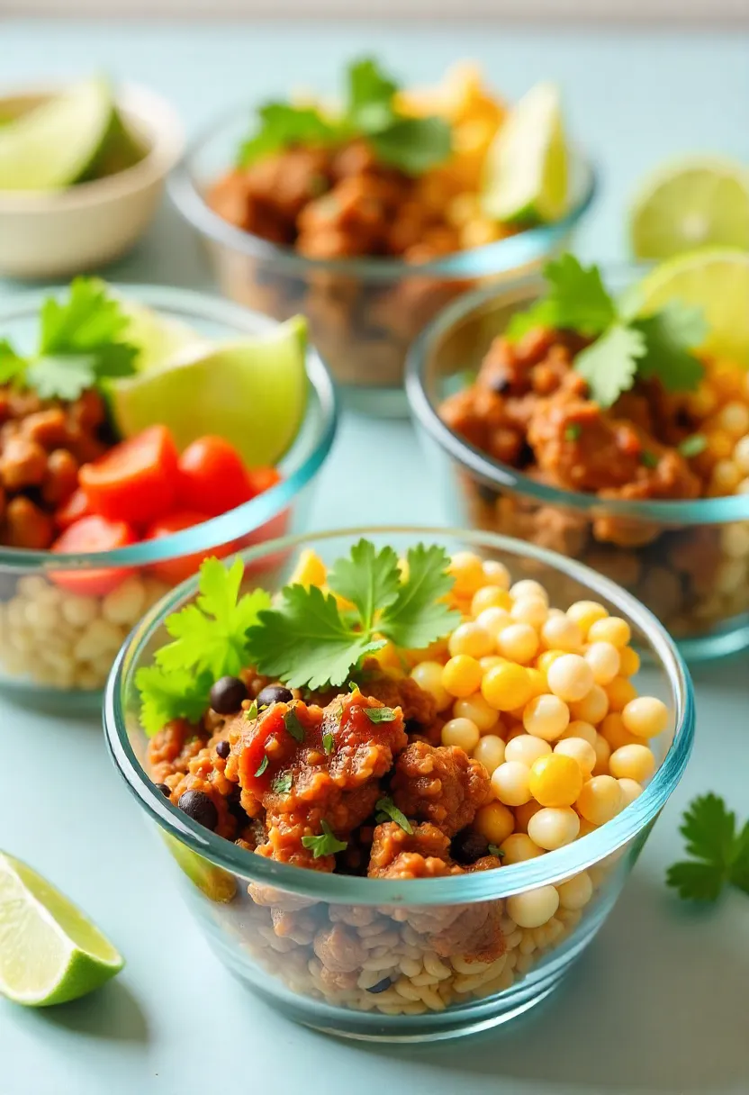 Meal-prep bowls with ground beef, rice, salsa verde, beans, corn, and veggies, garnished with cilantro and lime wedges.