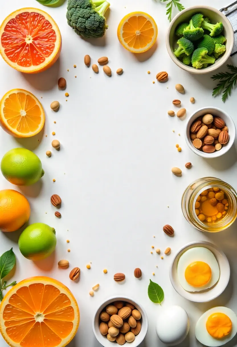 Flat lay showing nutrients and foods that support immunity, including citrus, broccoli, nuts, and salmon, symbolizing the science behind immune health.