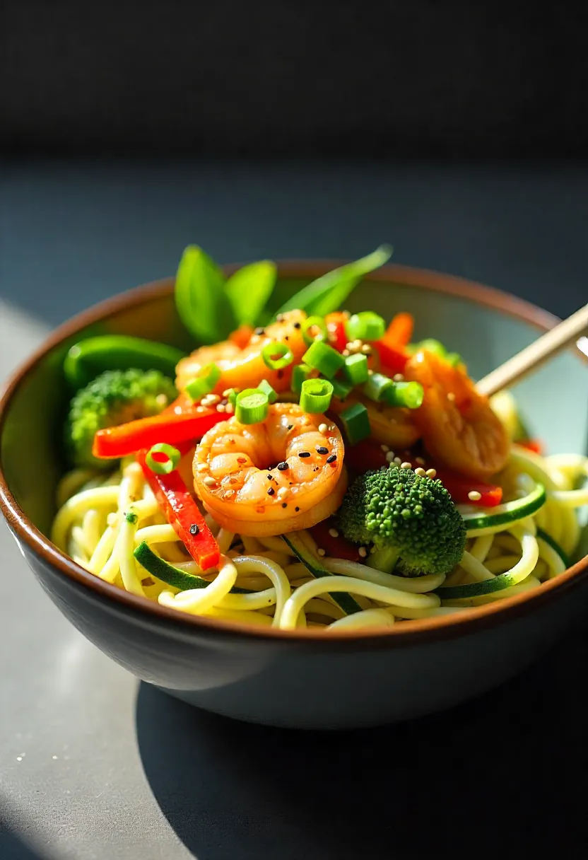 Zucchini noodles with teriyaki shrimp, broccoli, and peppers, garnished with sesame seeds and scallions.