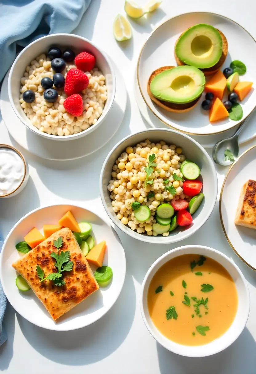 Assorted simple healthy meals including oatmeal, avocado toast, salad, salmon, soup, and yogurt with fruit, representing nutritious ideas for all ages.