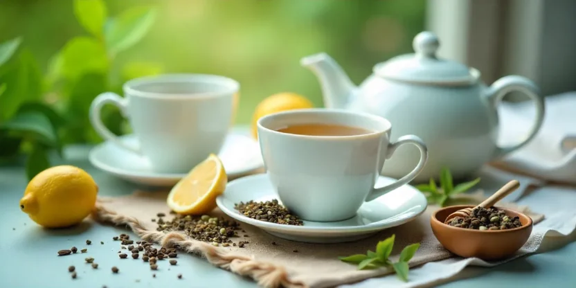 A cozy flat-lay of herbal teas, teapot, and fresh herbs on a bright table, symbolizing calm and natural anxiety relief through tea.