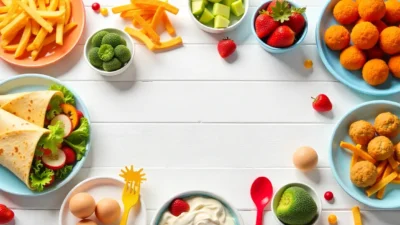 Colorful healthy kids’ meal spread with quesadillas, meatballs, sweet potato fries, and fruit yogurt parfaits on a bright family table.