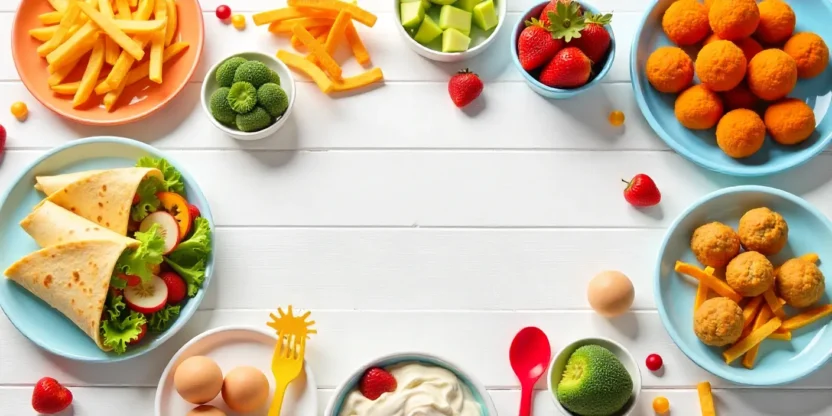 Colorful healthy kids’ meal spread with quesadillas, meatballs, sweet potato fries, and fruit yogurt parfaits on a bright family table.
