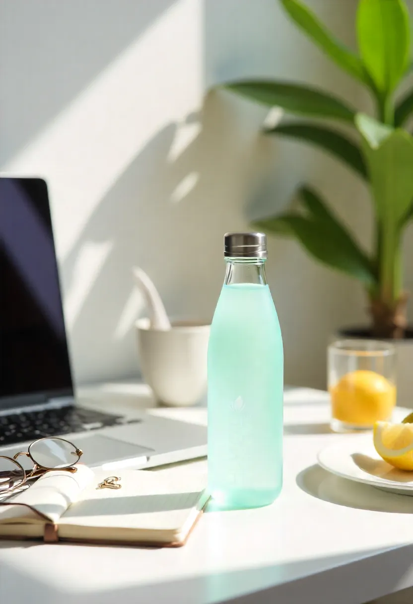A reusable water bottle and glass of lemon water on a desk beside a notebook and fruit, representing smart daily hydration habits.