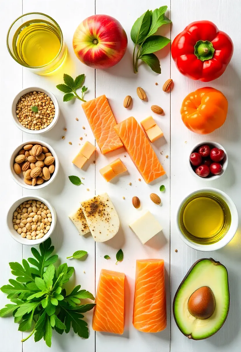 Flat-lay of colorful fresh foods including vegetables, fruit, grains, nuts, and lean protein, representing balanced eating tips for all ages.