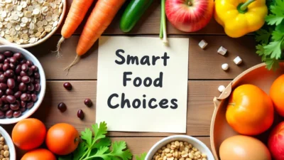 Flat lay of affordable healthy foods like beans, oats, eggs, and vegetables with a grocery list titled “Smart Food Choices,” showing budget-friendly nutrition.