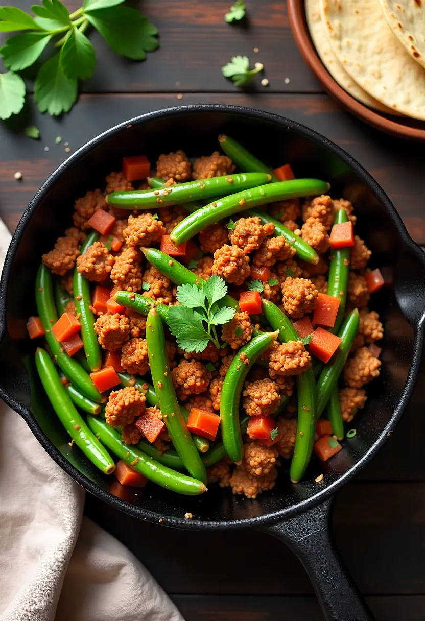 Skillet with smoky ground turkey, green beans, and salsa, seasoned with paprika and garlic, served on a rustic wooden table.