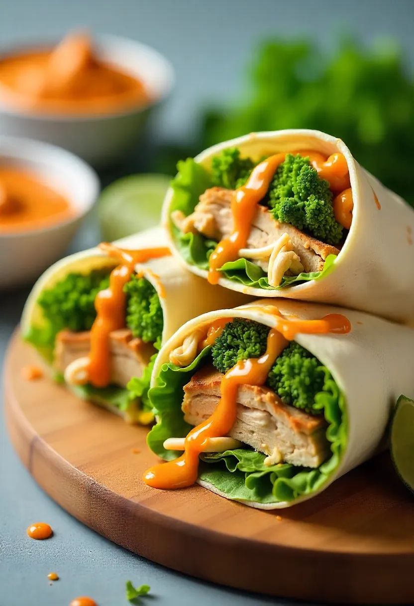 Chicken wraps stuffed with broccoli slaw, veggies, and spicy peanut sauce, served on a wooden board with lime wedges and dipping sauce.